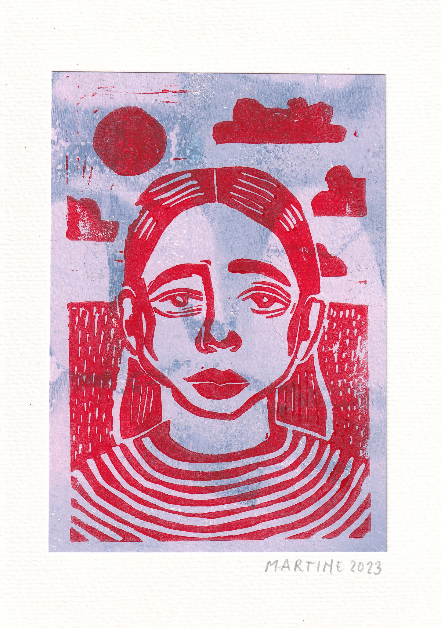 Linocut self portrait, mixed print A5