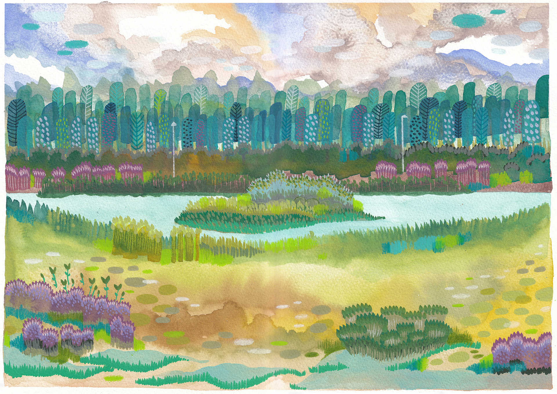De ijsbaan op Vlieland, maar dan in de zomer (mixed media, A3)