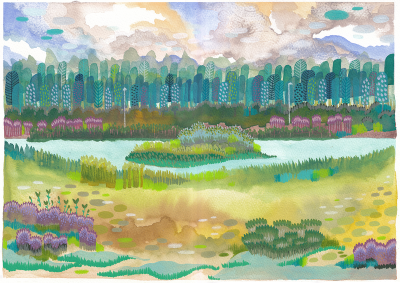 De ijsbaan op Vlieland, maar dan in de zomer (mixed media, A3)