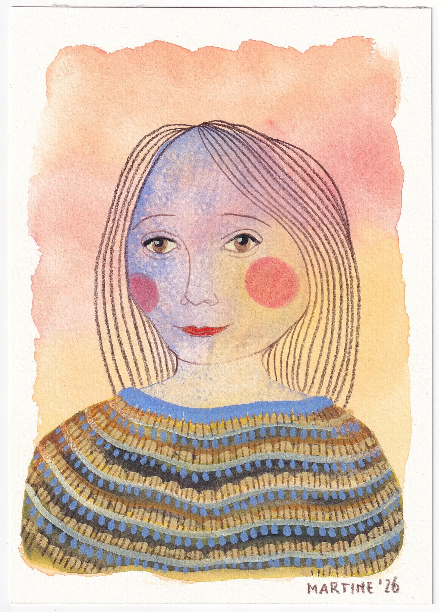 Mixed-media portret op papier met een perzikroze achtergrond, blauw-geel gezicht en een gestreepte trui.