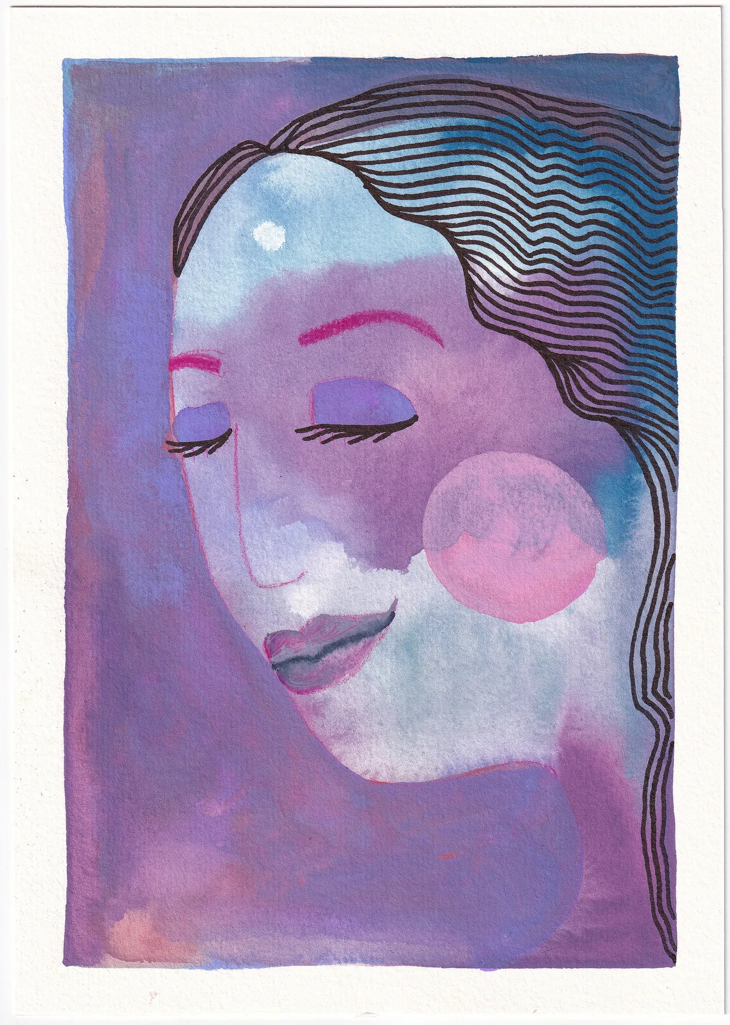 Mixed-media portret met een paars-roze gezicht en gesloten ogen.