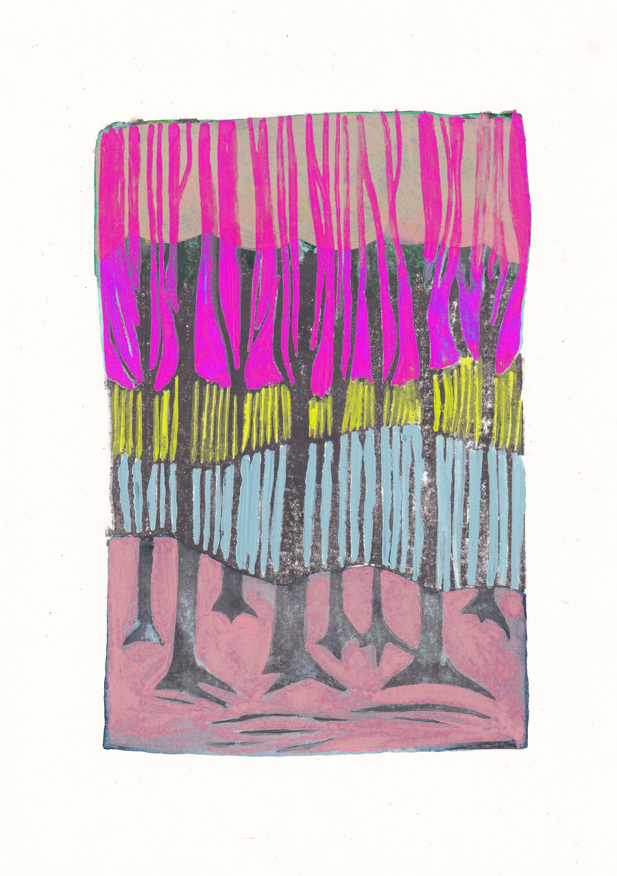 Linocut trees, original artwork A5