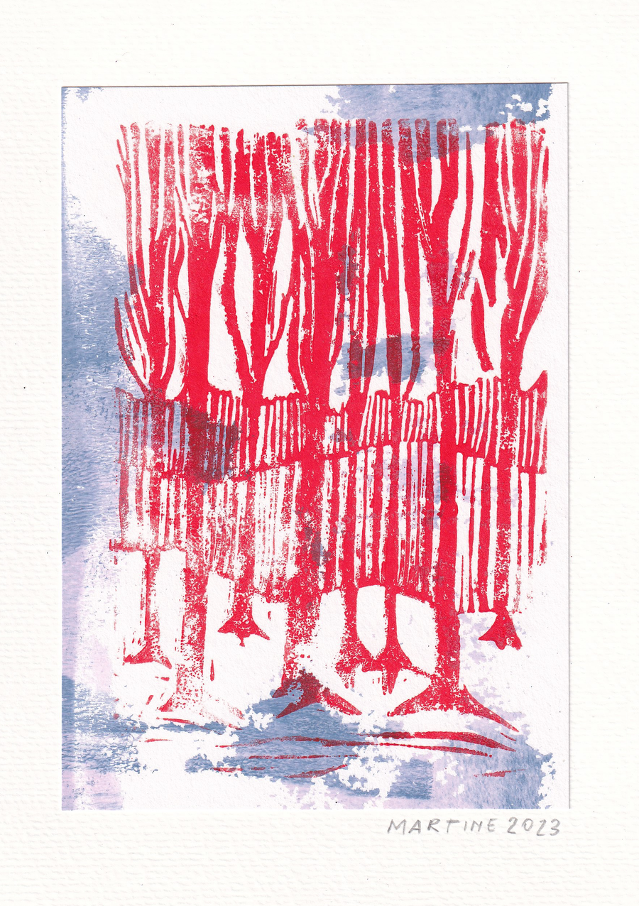 Linocut trees, mixed print A5, 1 / 2