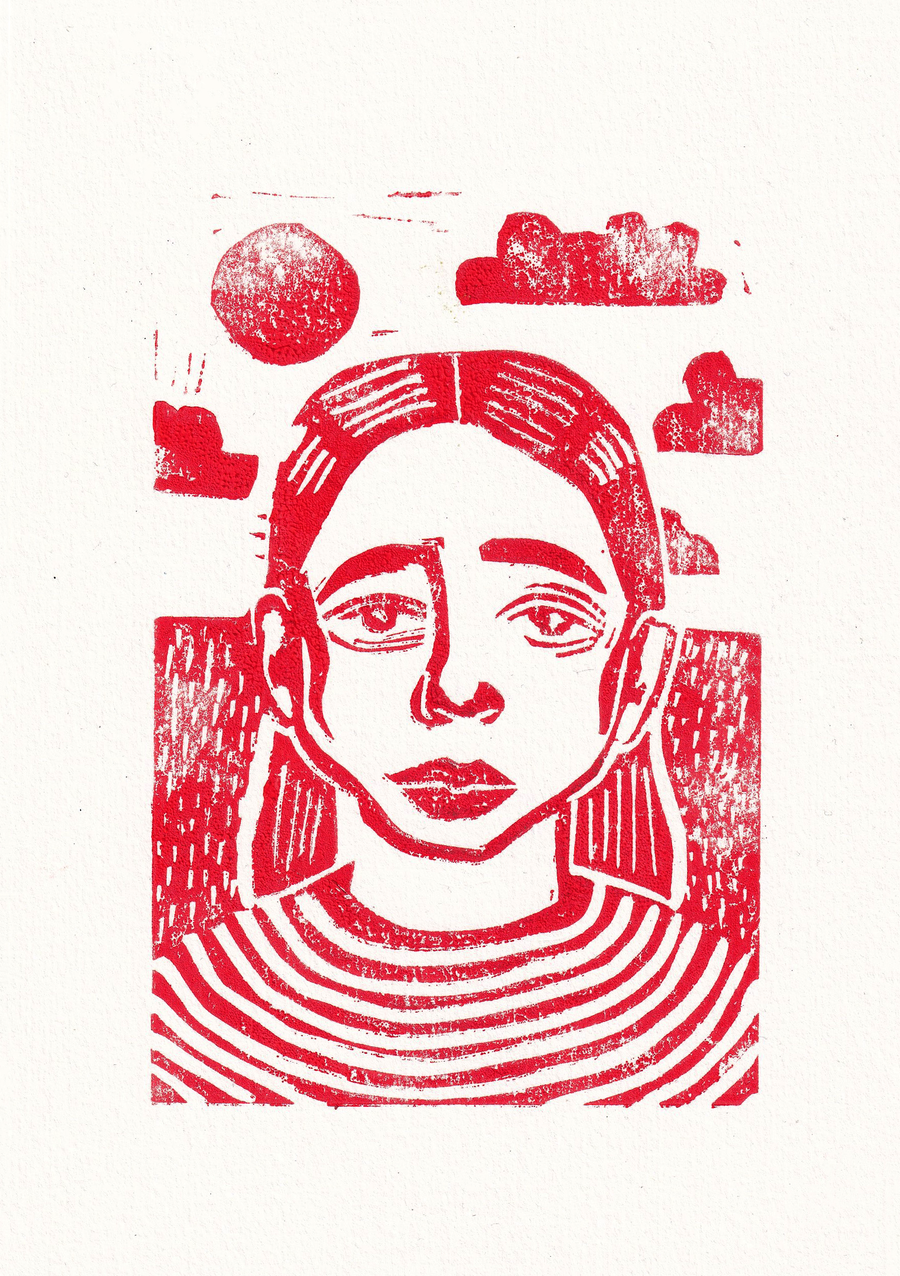 Linocut self-portrait A5