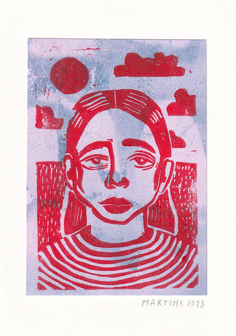 Linocut self-portrait, mixed print A5